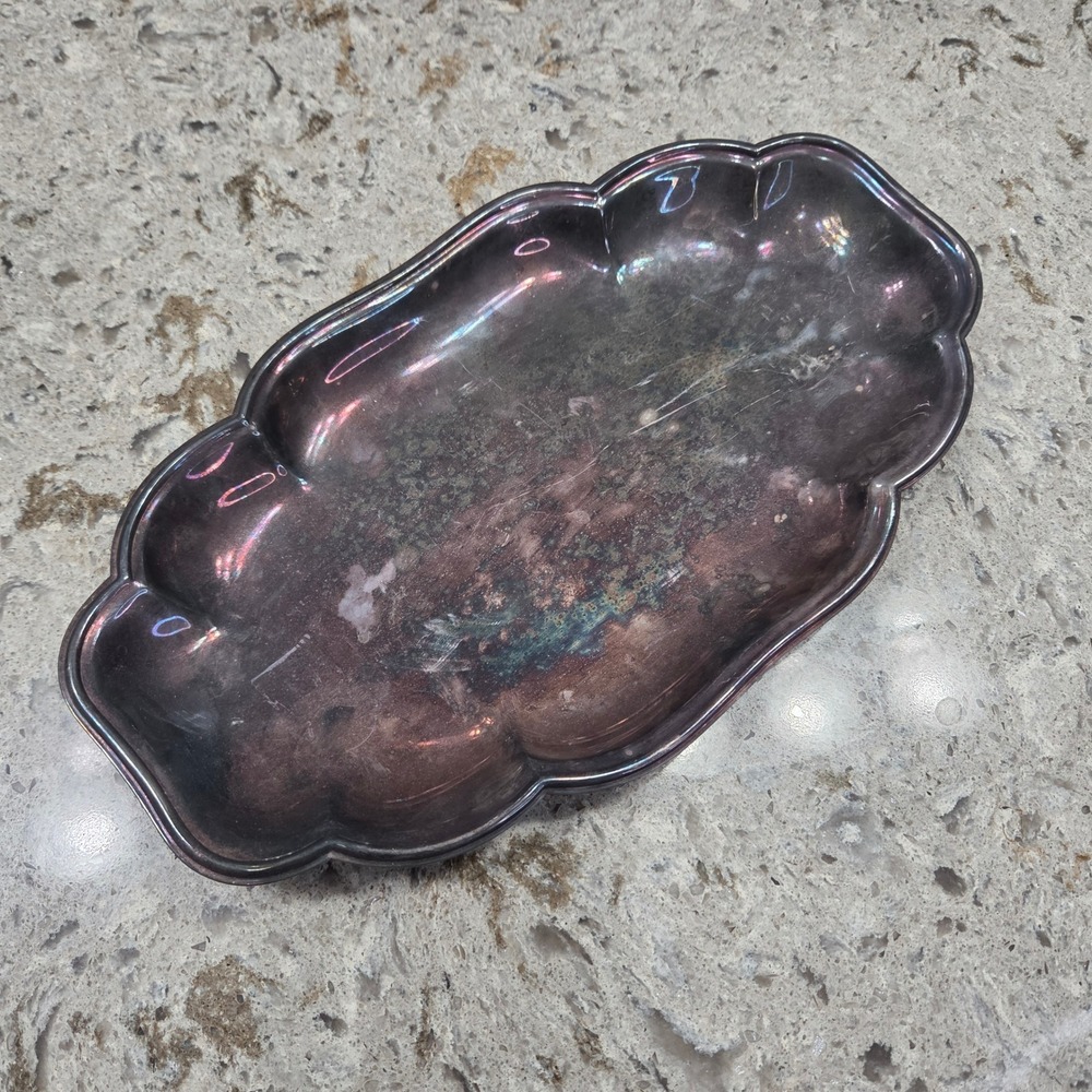 Vintage Silver Plated Scalloped Bread Tray Oval Vanity Dish Heavy Patina 11.5in